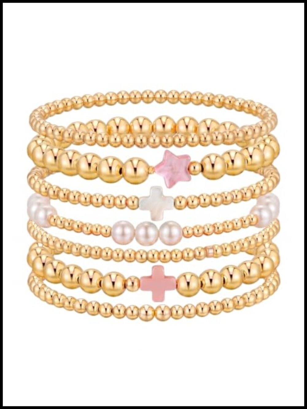 14K Gold Plated Beaded Stretch Bracelet Stack Set for Women